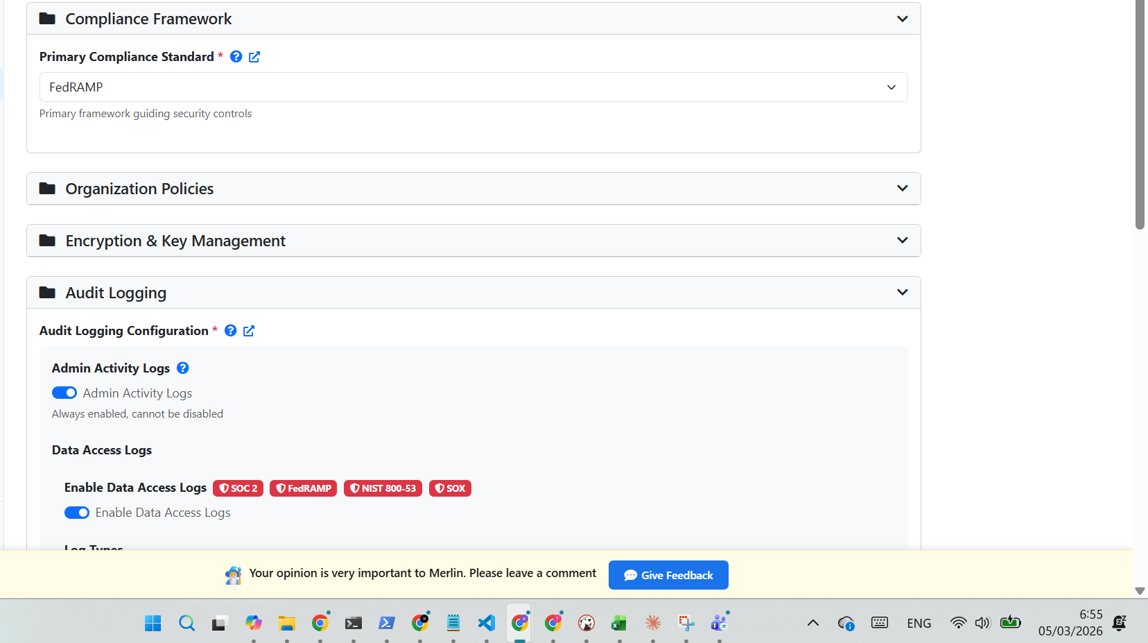 Merlin Configuration — Compliance settings