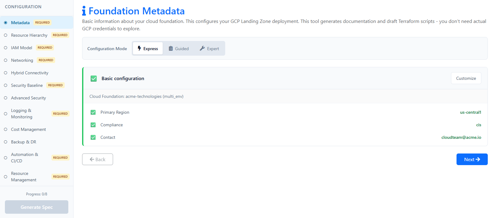 Merlin Configuration — Landing Zone Metadata with sidebar navigation and mode selector