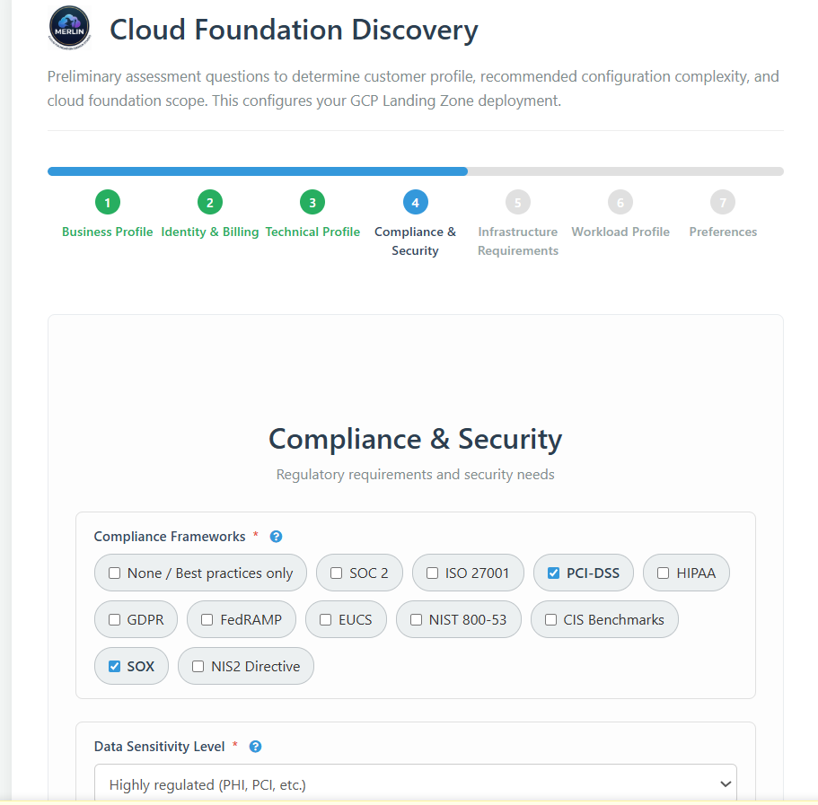 Merlin compliance and security configuration — framework selection and automated policy application
